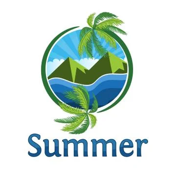 Summer is coming text on  summer beach background. Coconut tree circular Stock Illustration
