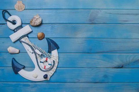 Summer composition with anchor seashells and blank space 1 Resolution and high Stock Photos
