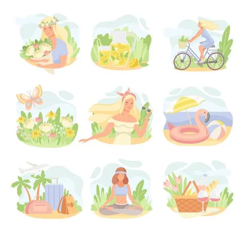Summer Composition with Blooming Flower, Beach and Picnic Basket Vector Set Stock Illustration