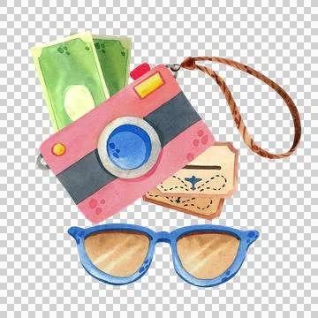 Summer composition with a camera, glasses and tickets. Hand-drawn watercolor Stock Illustration