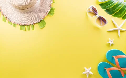 Summer composition concept made from starfish, beach hat, flip flop and monst Stock Photos