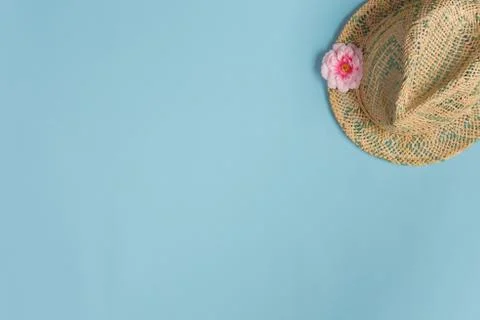 Summer composition. Hat on blue background. Summer concept. Flat lay, top vie Stock Photos