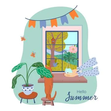 Summer composition with panoramic window and country landscape Illustrazione stock