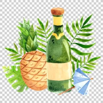 Summer composition with pineapple and champagne surrounded by tropical leaves Illustration