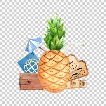 Summer composition with a pineapple cocktail, blue passport, and wallet Stock Illustration