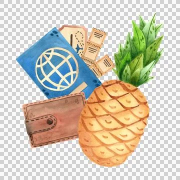 Summer composition with a pineapple, passport, and tickets, isolated. Hand-drawn 库存插图