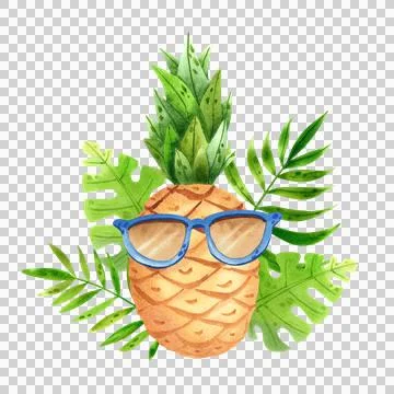 Summer composition with a pineapple in sunglasses surrounded by tropical leaves Stock Illustration