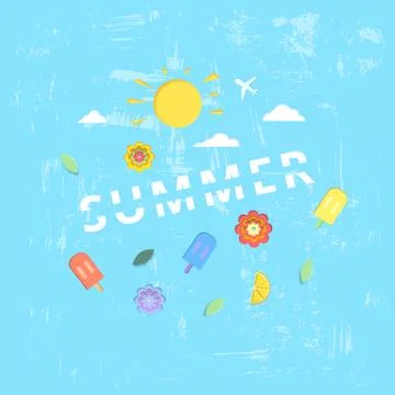 Summer composition with textured background. Sliced text effect with sun, clo Stock Illustration