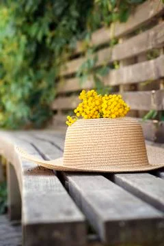 Summer composition with wicker hat, momoza on wooden background, vertical Stock Photos