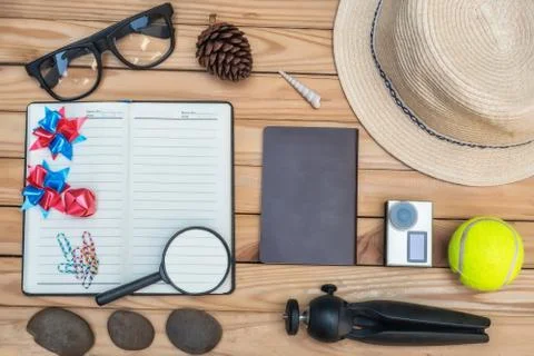 Summer concept flat lay styles on top view with free space for text Stock Photos