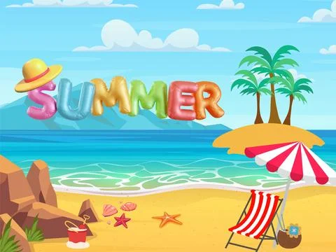 Summer concept with inflatable balloons floating over empty beach Ilustração Stock