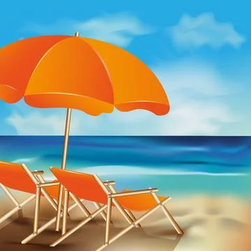 Summer concept with Two lounge chairs with sun umbrella on a beach 스톡 일러스트