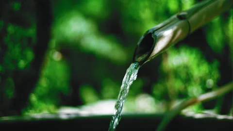 Summer, cool mountain spring water flow, clear water in bamboo tubes Stock-Footage 294046499