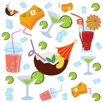 Summer cooling drinks on a white background. Seamless pattern. Stock Illustration