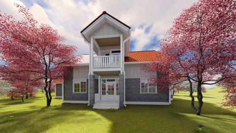 Summer cottage in the spring garden 3d rendering Stock Illustration