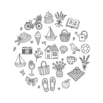 Summer Cottagecore Hand Embroidery Pattern, Seaside Picnic Hoop Embroidery .. Stock Illustration