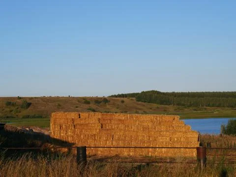 Summer countryside landscape. A large haystack for animals Stock Photos