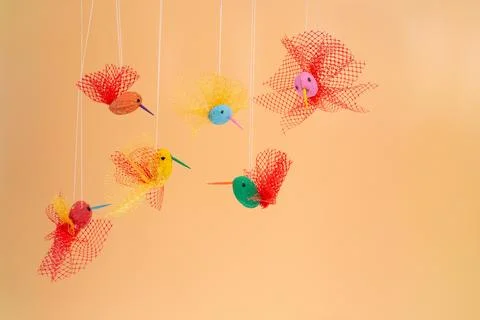 Summer craft bird tutorial, easy for kids, DIY, made from peanuts and veggi.. Stock Photos