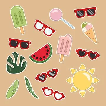 Summer cute icon set for sticker. Icons 스톡 일러스트