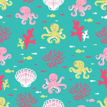 Summer cute marine seamless pattern coral reef with cute octopuses, starfish Illustrazione stock