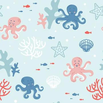 Summer cute marine seamless pattern coral reef with cute octopuses, starfish Stock Illustration