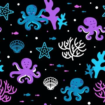 Summer cute marine seamless pattern coral reef with cute octopuses, starfish イラスト素材