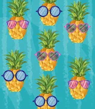 Summer cute pineapple pattern Vector. Cartoon style. Funny fruits with glasse Stock Illustration