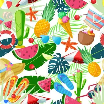 Summer cute seamless pattern. Vector cartoon illustration. Summertime travel, Stock Illustration