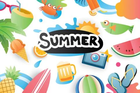 Summer cute symbol icon elements for beach party on white background. Paper a Stock Illustration