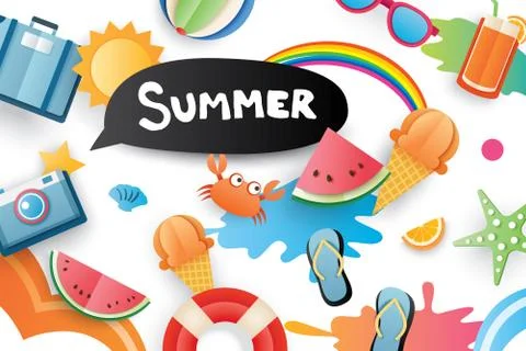 Summer cute symbol icon elements for beach party on white background. Paper a Stock Illustration