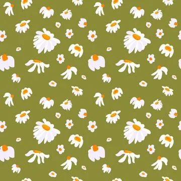 Summer Daisy Background Green Seamless Pattern Spring Blooming Wildflower Illustrazione stock