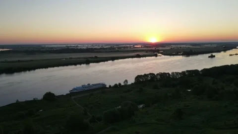 Summer dawn over the river aerial view landscape Stock Footage 199969861