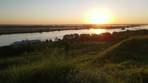 Summer dawn over the river aerial view landscape Stock Footage 199970816
