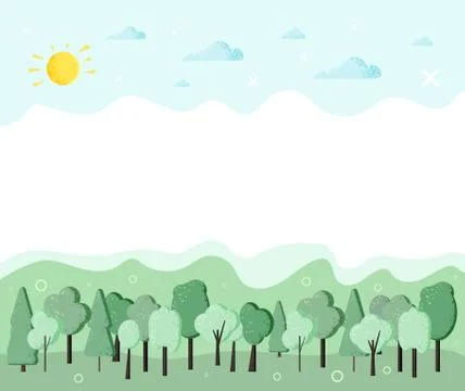 Summer  day composition background. Flat green trees, clouds and sun with dec Stock Illustration
