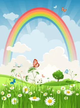 Summer day with rainbow Stock Illustration
