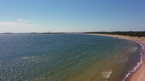 Summer Day at Tulliniemi Beach Hanko Perfect for Wind Sports, wide aerial Stock Footage 143400871