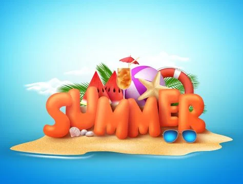 Summer day vector design of 3d summer text in beach island Stock Illustration