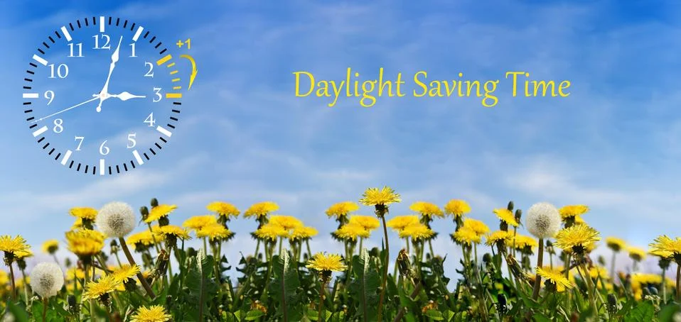 Summer Daylight Saving Time (DST). Blue sky with yellow dandelions. Turn time Stock Photos