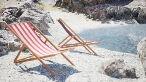 Summer, Deck Chairs, Pristine Beach, Crystal clear Sea, 3D Animations Render Stock Footage 234625056