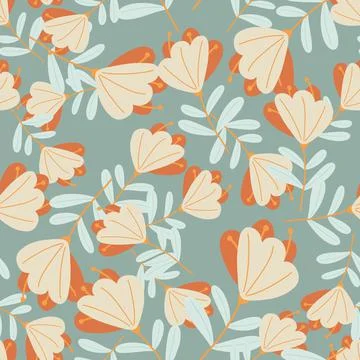 Summer decorative seamless pattern with random orange flowers elements. Blue  Stock Illustration
