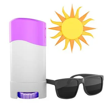 Summer deodorant stick with sun and sunglasses. 3D rendering Ilustración de archivo
