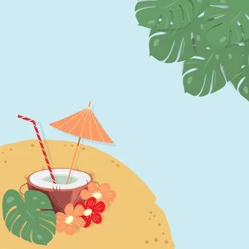 Summer design concept with cocktail in half coconut with straw, parasol and 스톡 일러스트