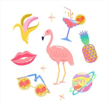 Summer design elements set. Flamingo, pineapple, cocktail, lips, sunglasses Stock Illustration