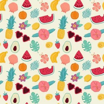 Summer design elements tropical leaves, flowers, fruits. Vector seamless pattern Stock Illustration