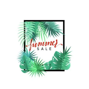 Summer design frame layout. Poster sale with palm branches. Stock Illustration