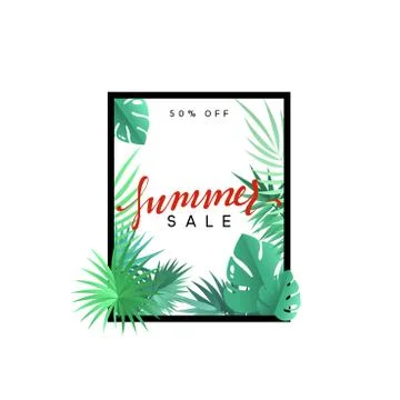 Summer design frame layout. Poster sale with palm branches. Stock Illustration