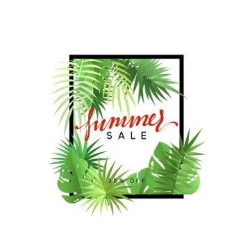 Summer design frame layout. Poster sale with palm branches. Stock Illustration