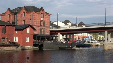 Summer dining on the deck of an old barge. Porvoo, Finland Stock Footage 76570265