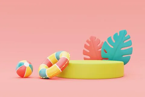 Summer display with colorful inflatable ring,beach ball and palm leaves,3d re Stock Illustration