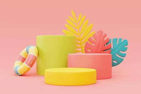 Summer display with colorful inflatable ring,beach ball and palm leaves,3d re Stock Illustration